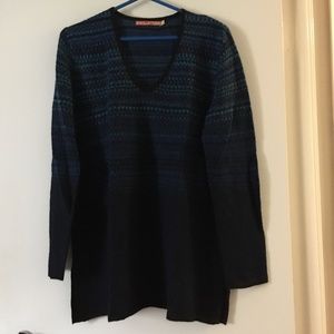 KUNA 100% Baby Alpaca Multi Blue Pattern Knit V Neck Sweater XL